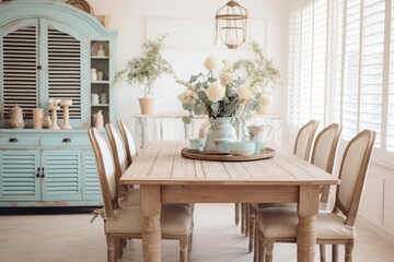A Cozy Coastal Dining Room featuring Distressed Wood Furniture and Beachy Colors, creating a Rustic and Beach-inspired Interior Design.