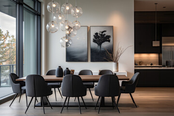 A captivating contemporary dining room featuring a chic blend of charcoal gray and blush pink colors, stylish wall art, lighting, and a welcoming ambiance.