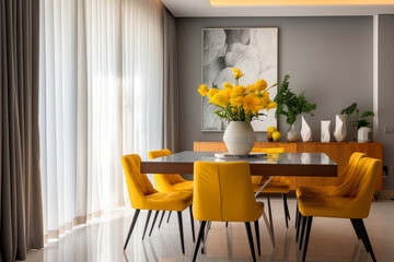An elegant and inviting dining room with a harmonious blend of gray and yellow tones, featuring modern furniture, stylish design accents, cozy chairs