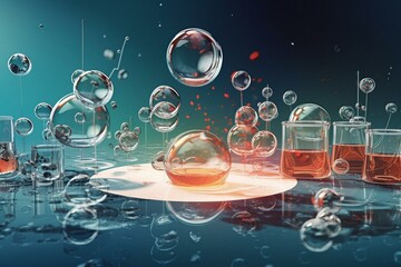 A banner showcasing laboratory glassware and petri dishes floating on water. Generative AI - obrazy, fototapety, plakaty