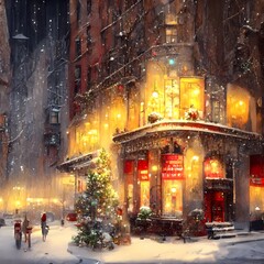 a classical new york city christmas scene christmas treee covered in snow lights jazzy chistmas environment 