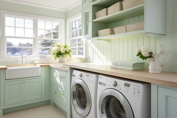 A serene and functional laundry room with coastal vibes, adorned in a light green and white color scheme, exuding a breezy and fresh coastal cottage chic style, featuring organized storage