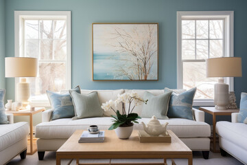 Transform your living room into a spacious, stylish haven of tranquility with captivating teal tones, soothing natural light, and comfortable furniture.