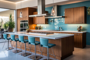 A Modern Kitchen Immersed in Shades of Tranquil Blue: A Serene Oasis for Meal Preparation, Storage, and Socializing with Sleek Aesthetics and Spacious Functionality.