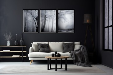 Modern living room interior with black sofa, coffee table and pictures on wall. 3D Rendering