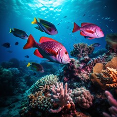 Colorful parrotfish on vibrant coral formations