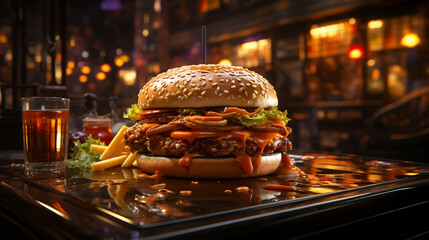 Large appetizing burger on a table in a cafe - obrazy, fototapety, plakaty