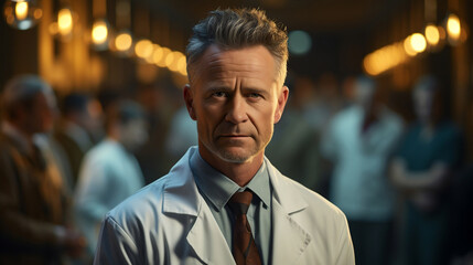 Obraz premium Handsome doctor in the foreground, hospital in the background