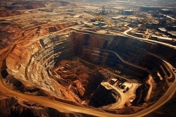 Aerial view of the largest open-pit mine in the world. Drone captures the canyon copper mine and diamond mining in a quarry. Generative AI - obrazy, fototapety, plakaty