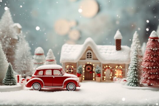 Festive car with candy cane drives past snowy Christmas scene. Merry Xmas! Winter village on table with banner. Generative AI