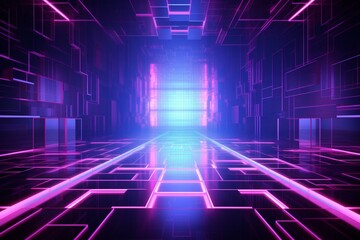 An abstract futuristic background with a glowing violet red neon-lit virtual room and a cyber grid. Generative AI