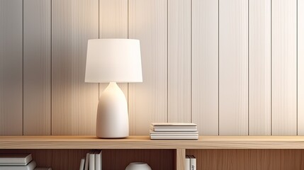 Bookshelf with lamp on wooden wall background