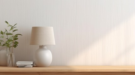 Bookshelf with lamp on wooden wall background