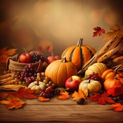 Naklejka na ściany i meble thanksgiving autumn leaves, harvest season, cornucopia,background, fallen leaves, falling leaves, AI Generative