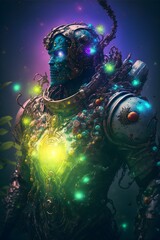 zombie astronaut with jewels zombie wearing a futuristic suit starry night sky bright fantasy setting high fantasy emotional senses feelings magical fog sunlight full body trending on artstation 