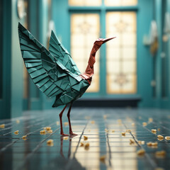 A paper crane on slate floor 
