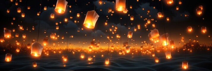 Beautiful floating Chinese lanterns over a serene pool reflection. Candle lit glowing hot air balloons in Asia. Beautiful landscape with soft light at sunset.