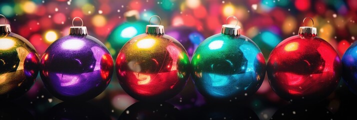 Colorful Christmas ornament balls abstract background. Holiday cheerful decorations. Rainbow glass bulbs wallpaper x-mas texture pattern.