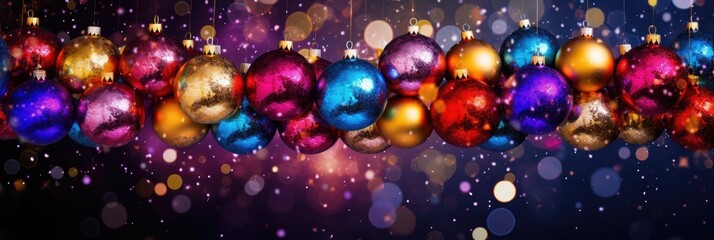 Obraz na płótnie Canvas Colorful Christmas ornament balls abstract background. Holiday cheerful decorations. Rainbow glass bulbs wallpaper x-mas texture pattern.