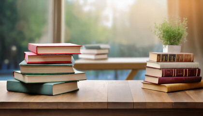 Mesa de madera marron con libros y fondo desenfocado