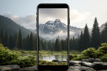 a mockup of an iphone on a white background, in the style of realistic landscapes with soft edges, light silver and black, rounded, digital illustration, sparse backgrounds, smartphone footage, steel/ - obrazy, fototapety, plakaty