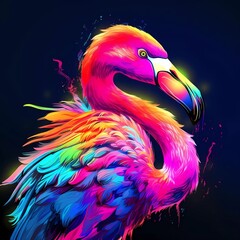 Illustration of flamingo bird in abstract, rainbow ultra-bright neon artistic portrait graphic highlighter line on minimalist background