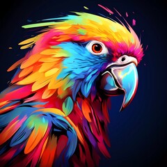 Parrot illustration in abstract, rainbow ultra-bright neon artistic portrait graphic highlighter line on minimalist background