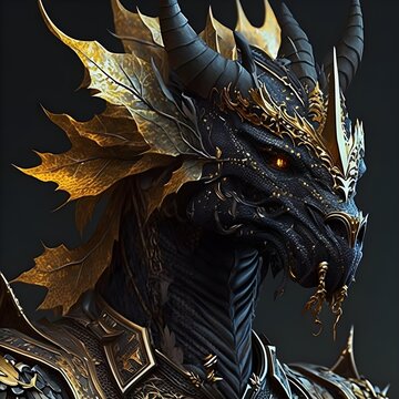 A closeup image of a dragon warrior the image is based on black and uses gold as an accent 