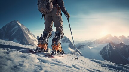 Esquiador en la cima de una montaña alta con mucha nieve - obrazy, fototapety, plakaty