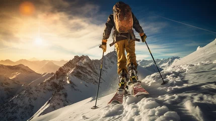 Poster Esquiador en la cima de una montaña alta muy nevada al atardecer © dmtz77