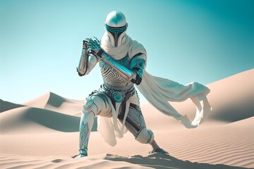 futuristic samurai turqoise armor dynamic pose white sand desert natural lighting still from 2010 tron beautiful composition detailed fashion photography high definition front wide view 8k  - obrazy, fototapety, plakaty
