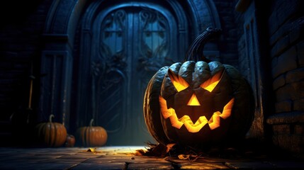 Halloween Jack-O-Lantern on the Doorstep of a Moonlit Castle
