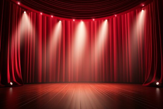 Stage with red curtains, columns, spotlight, empty wooden scene, luxury decoration, light beams falling on floor. Generative AI