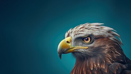 Naklejka premium Close-up of Eagle head side view on a shaded blue background with copy space for lettering