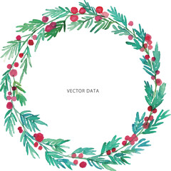 水彩画。水彩タッチのヒイラギのフレームベクターイラスト。冬の水彩フレーム。Watercolor painting. Frame vector illustration of holly with watercolor touch. Winter watercolor frame.