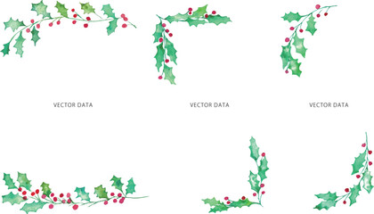 水彩画。水彩タッチのヒイラギのフレームベクターイラスト。冬の水彩フレーム。Watercolor painting. Frame vector illustration of holly with watercolor touch. Winter watercolor frame. © necomammma