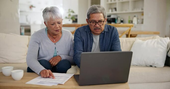 Couple, worried and financial planning with laptop in home for investment, savings or retirement fund. Elderly people, married and together with document, budget or report for digital banking on web