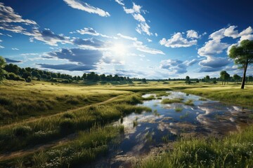 beautiful summer landscape with a river and blue sky, nature series