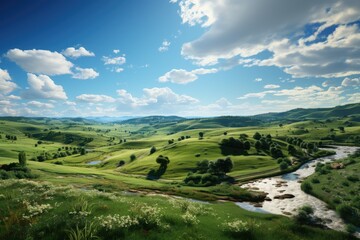 Fototapeta na wymiar Landscape of green hills and river under blue sky with white clouds