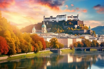 Fototapeta premium Vibrant cityscape. Historic Salzburg with Hohensalzburg fortress. Autumn landscape, picturesque sky. Softlight effect. Salzburger Land, Austria. Generative AI