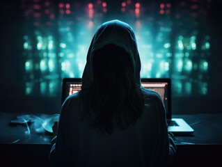 Hacker sitting at computer as code streams in the background, silhouette, wearing beanie