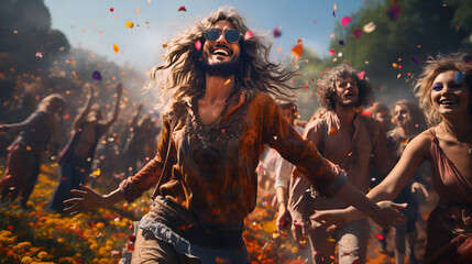 Men and women hippies, exuding joy and freedom, as they run and dance through blossoming fields in...