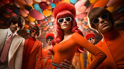 Swinging sixties scene. A stylish mod group of girls and guys striking a pose in a low-angle photoshoot. Band or gang from the retro era