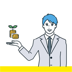 笑顔で金融商品を説明をするビジネスマンのベクターイラスト素材。手のひら、お金。