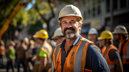 Senior construction worker in safety vest and white hardhat with team on sunny job site