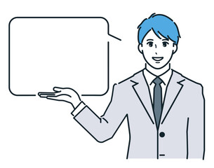 笑顔で説明をするビジネスマンのベクターイラスト素材。吹き出し。