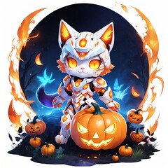 Naklejka premium Robot cat Halloween,halloween cat with pumpkin 13