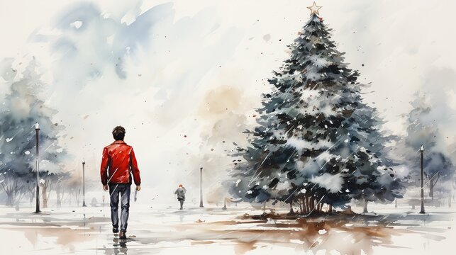 Vintage watercolor  of  man  walking in the park during snow.. Retro 1950s painting of man strolling outside next to Christmas tree.