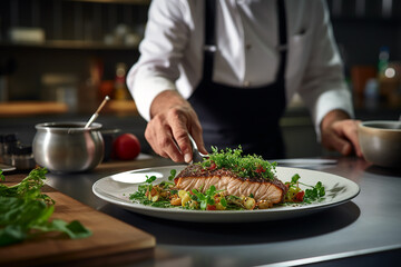 Obraz na płótnie Canvas Generative AI Image of Chef Hands Preparing Grilled Meat Steak Dish in Restaurant Kitchen