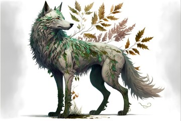 huge mythical wolf with leaf fur Big and strong long legs bulky tail spirit of the forest lord of the snows Wark Mount Epcic Creature Epci design Creature RPG Medieval Fantasy full body centered 
